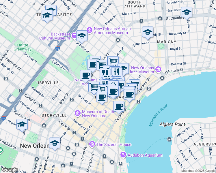 map of restaurants, bars, coffee shops, grocery stores, and more near in New Orleans