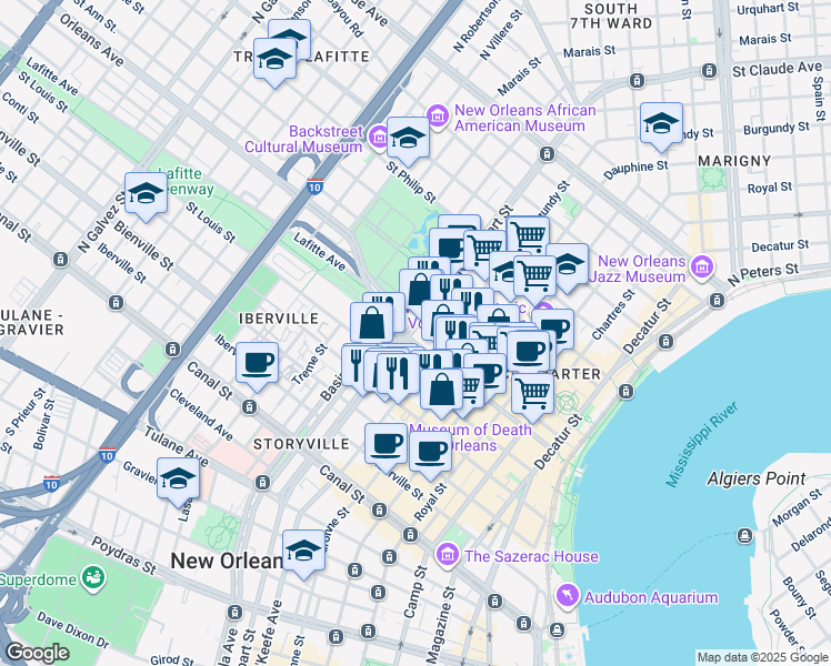 map of restaurants, bars, coffee shops, grocery stores, and more near in New Orleans