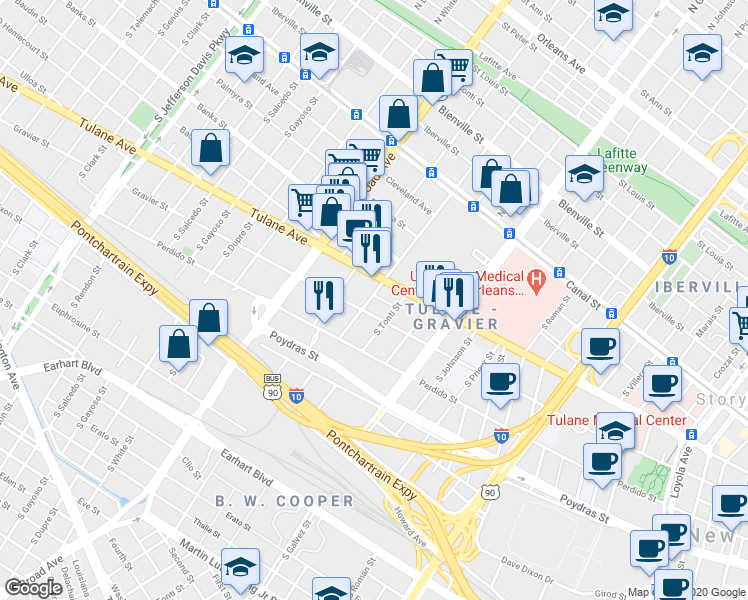 map of restaurants, bars, coffee shops, grocery stores, and more near 2433 Gravier Street in New Orleans