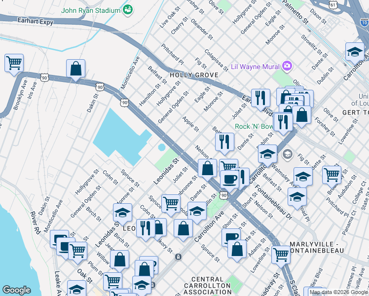 map of restaurants, bars, coffee shops, grocery stores, and more near 2409 Leonidas Street in New Orleans