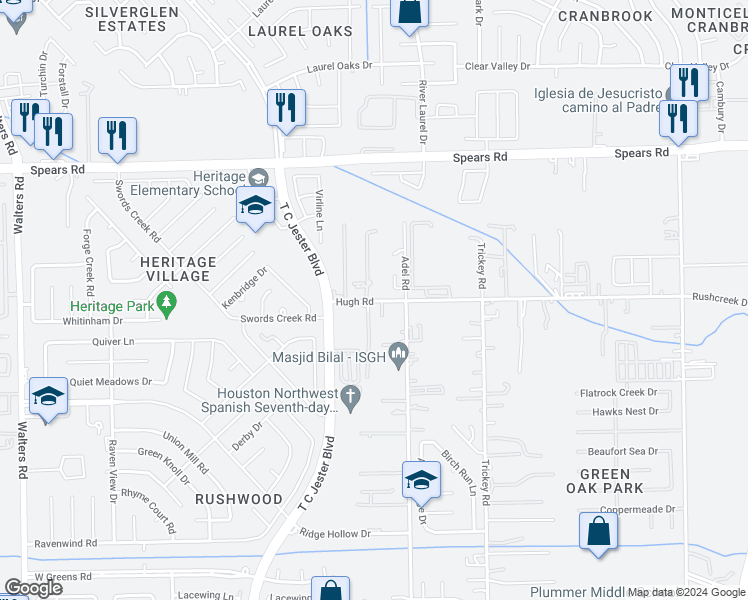 map of restaurants, bars, coffee shops, grocery stores, and more near 1675 Hugh Road in Houston