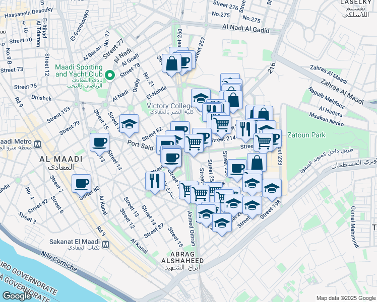 map of restaurants, bars, coffee shops, grocery stores, and more near 216 in Maadi