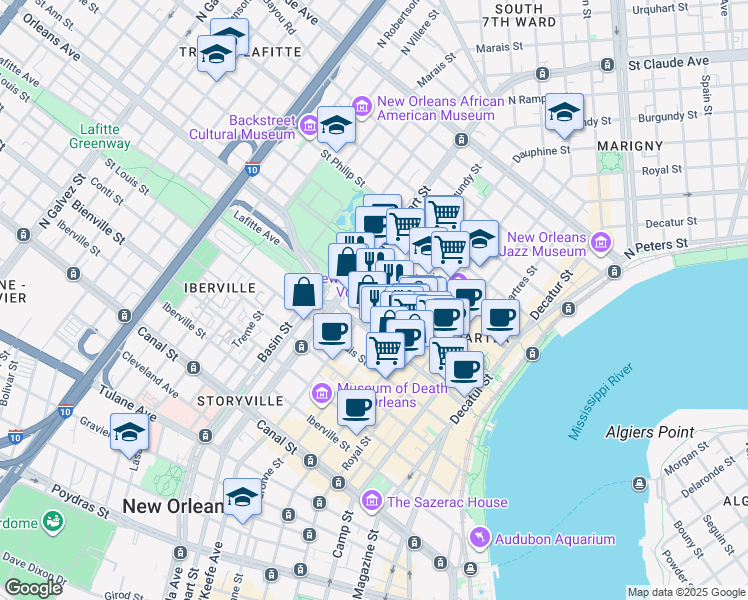 map of restaurants, bars, coffee shops, grocery stores, and more near Burgundy St & St Peter St in New Orleans
