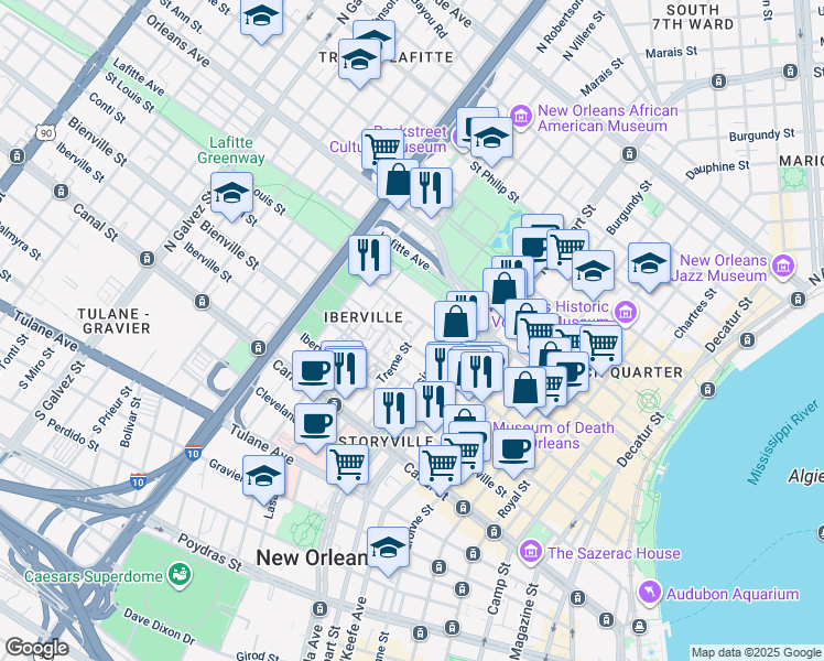 map of restaurants, bars, coffee shops, grocery stores, and more near 401 Treme Street in New Orleans