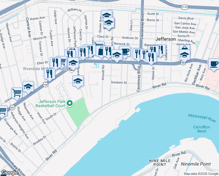map of restaurants, bars, coffee shops, grocery stores, and more near 200 Shrewsbury Road in Jefferson
