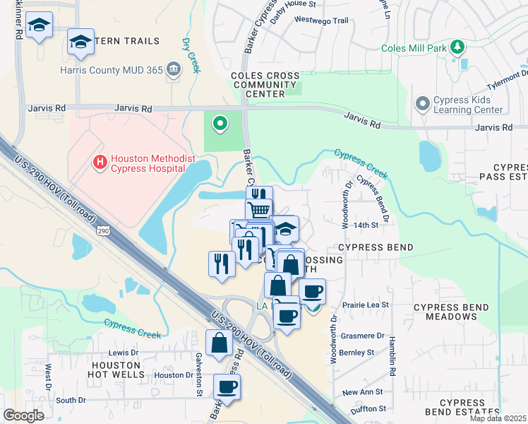 map of restaurants, bars, coffee shops, grocery stores, and more near 12504 Barker Cypress Road in Cypress