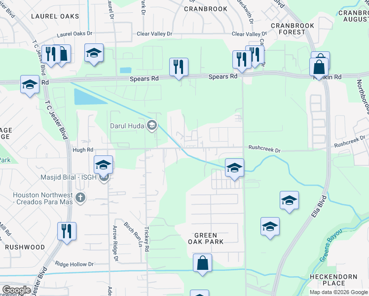 map of restaurants, bars, coffee shops, grocery stores, and more near 1359 Hugh Road in Houston