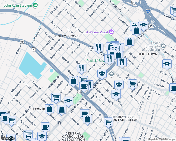 map of restaurants, bars, coffee shops, grocery stores, and more near 2643 Dante Street in New Orleans