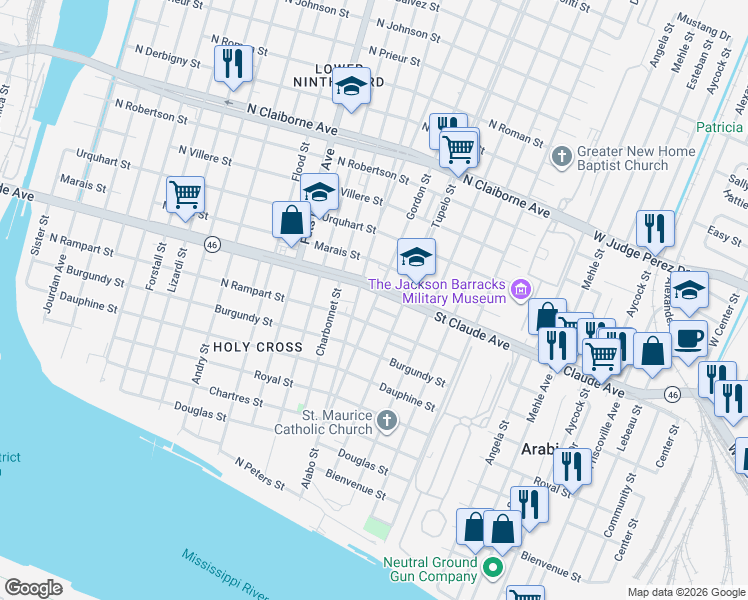 map of restaurants, bars, coffee shops, grocery stores, and more near 6019 El Dorado Street in New Orleans