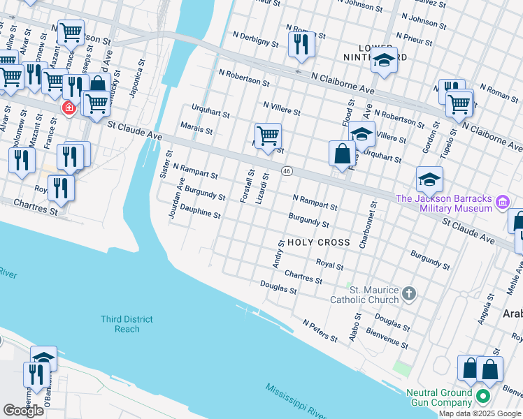 map of restaurants, bars, coffee shops, grocery stores, and more near 819 Lizardi Street in New Orleans