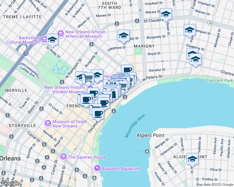 map of restaurants, bars, coffee shops, grocery stores, and more near 13 French Market Place in New Orleans