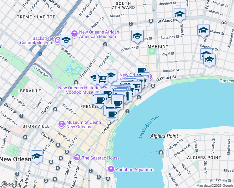 map of restaurants, bars, coffee shops, grocery stores, and more near 538 Saint Philip Street in New Orleans