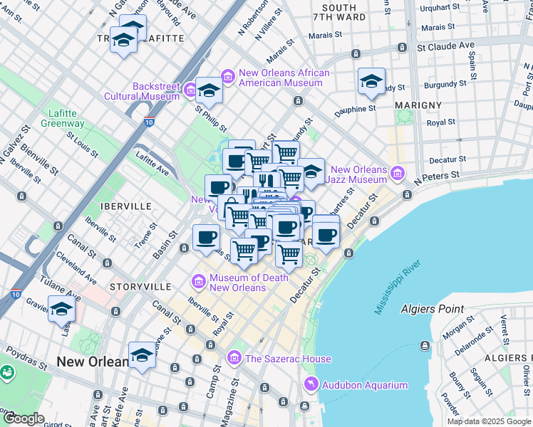 map of restaurants, bars, coffee shops, grocery stores, and more near 839 Saint Ann Street in New Orleans
