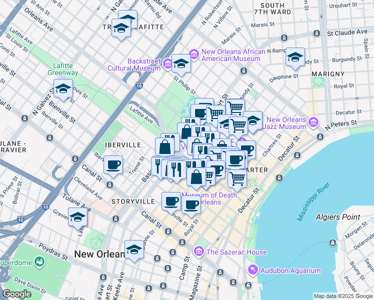 map of restaurants, bars, coffee shops, grocery stores, and more near in New Orleans