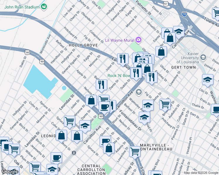 map of restaurants, bars, coffee shops, grocery stores, and more near 2643 Dante Street in New Orleans