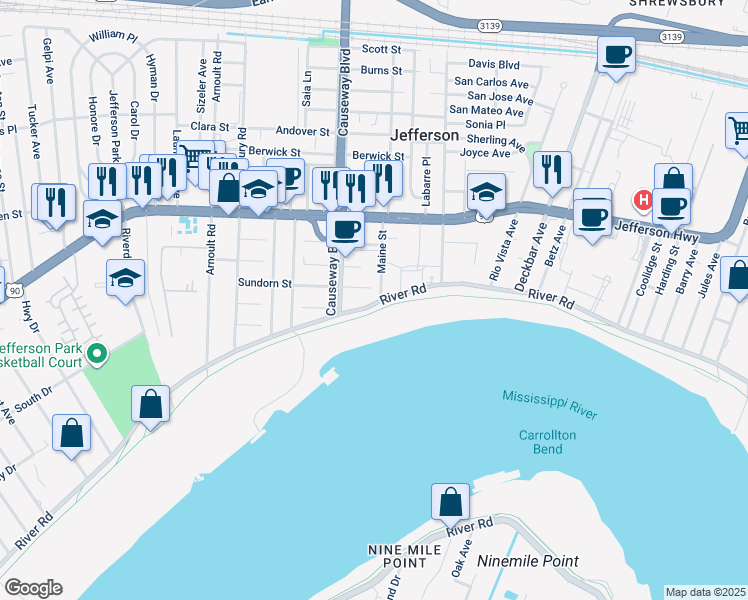 map of restaurants, bars, coffee shops, grocery stores, and more near 2817 Louisiana 611-1 in Jefferson