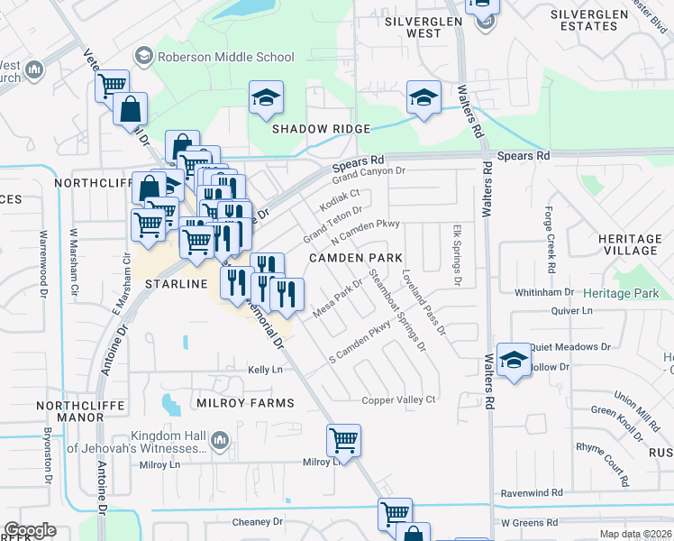 map of restaurants, bars, coffee shops, grocery stores, and more near 11946 Estes Park Drive in Houston