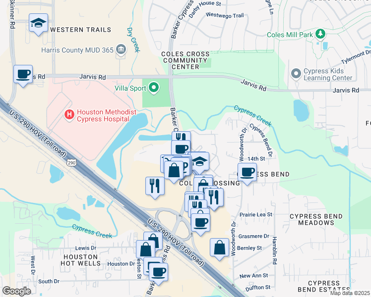 map of restaurants, bars, coffee shops, grocery stores, and more near 12384 Barker Cypress Road in Cypress