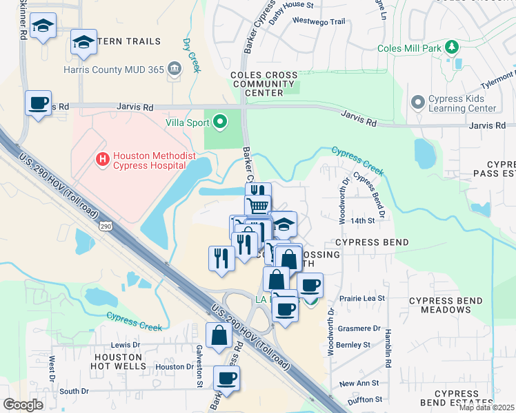 map of restaurants, bars, coffee shops, grocery stores, and more near 12515 Barker Cypress Road in Cypress