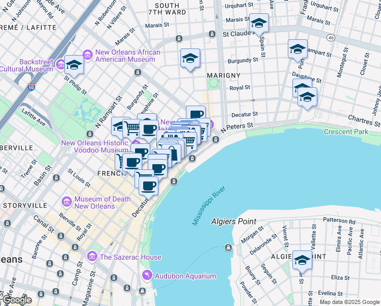 map of restaurants, bars, coffee shops, grocery stores, and more near 13 French Market Place in New Orleans