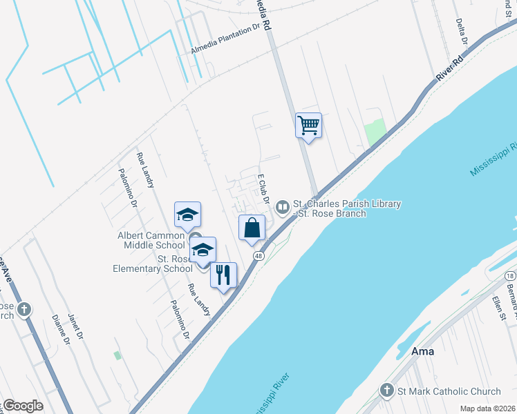 map of restaurants, bars, coffee shops, grocery stores, and more near 107 East Club Drive in Saint Rose
