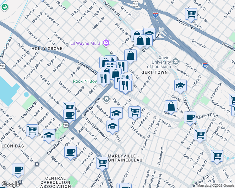 map of restaurants, bars, coffee shops, grocery stores, and more near in New Orleans