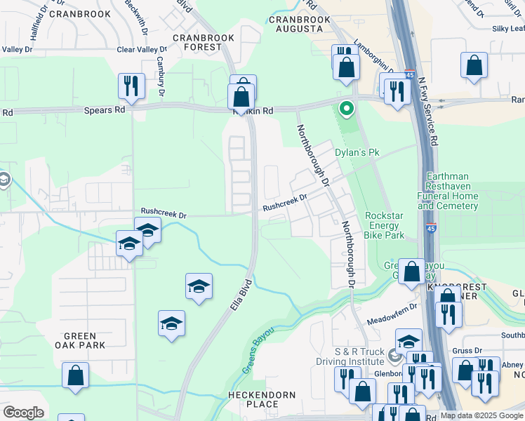 map of restaurants, bars, coffee shops, grocery stores, and more near Ella Boulevard in Houston
