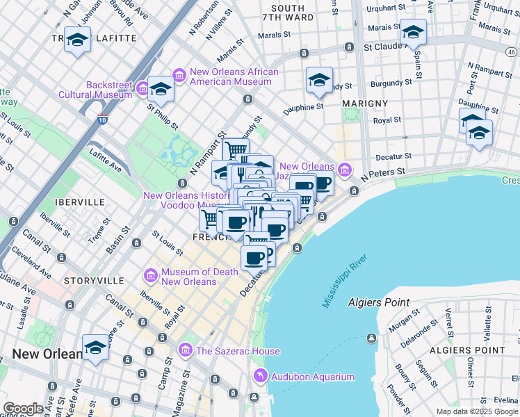 map of restaurants, bars, coffee shops, grocery stores, and more near 916 Royal Street in New Orleans