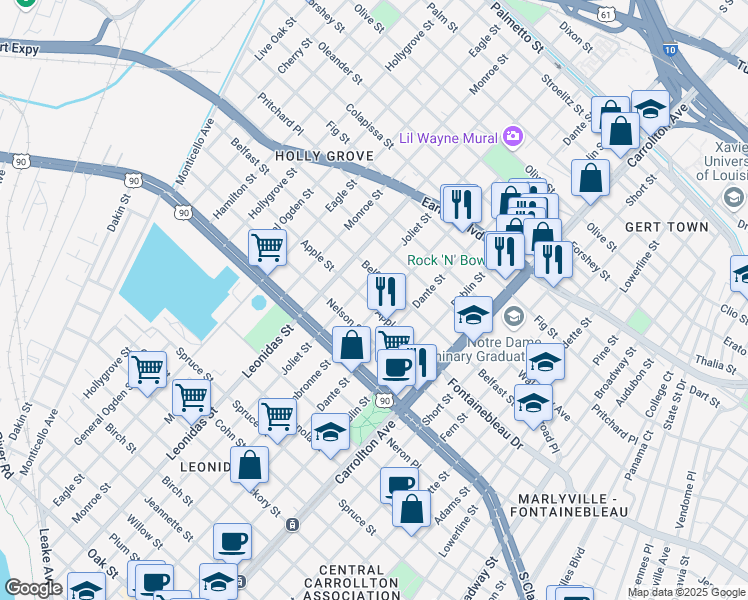 map of restaurants, bars, coffee shops, grocery stores, and more near 8411 Apple Street in New Orleans