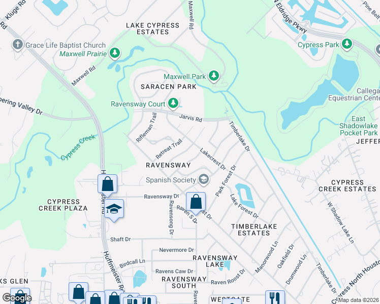 map of restaurants, bars, coffee shops, grocery stores, and more near 12618 New Kentucky Road in Cypress