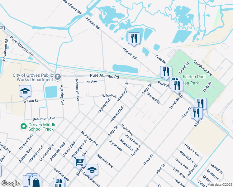 map of restaurants, bars, coffee shops, grocery stores, and more near 4249 Wilson Street in Groves