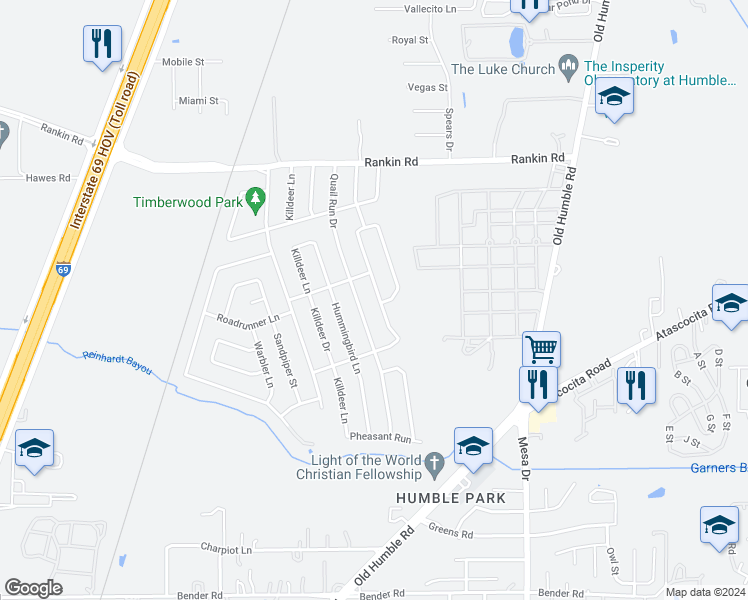 map of restaurants, bars, coffee shops, grocery stores, and more near 2922 Eagle Nest Lane in Humble