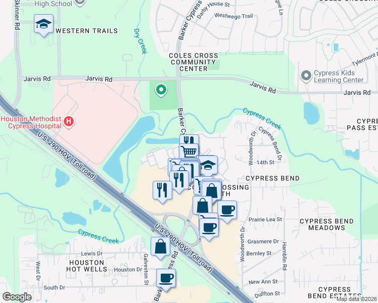map of restaurants, bars, coffee shops, grocery stores, and more near 12507 Barker Cypress Road in Cypress