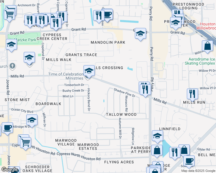 map of restaurants, bars, coffee shops, grocery stores, and more near 12811 Lacey Crest Drive in Houston