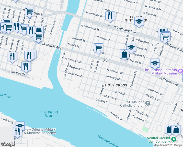 map of restaurants, bars, coffee shops, grocery stores, and more near in New Orleans