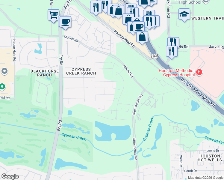 map of restaurants, bars, coffee shops, grocery stores, and more near Glenbriar Spring Lane in Cypress