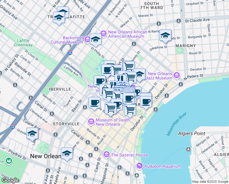 map of restaurants, bars, coffee shops, grocery stores, and more near 839 Saint Ann Street in New Orleans