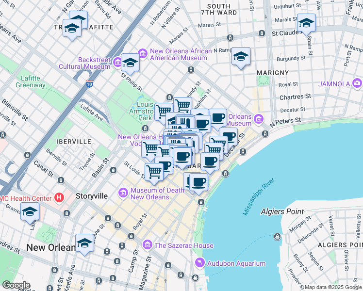 map of restaurants, bars, coffee shops, grocery stores, and more near in New Orleans