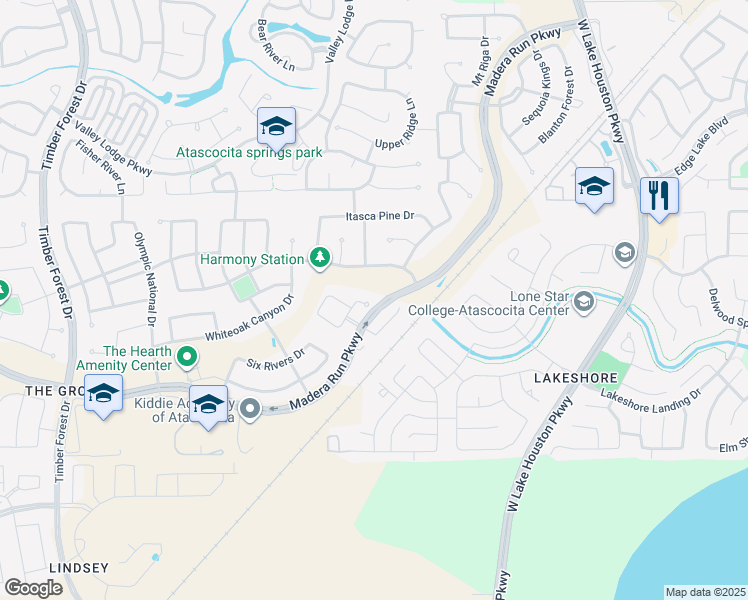 map of restaurants, bars, coffee shops, grocery stores, and more near 16651 Polletts Cove Road in Atascocita