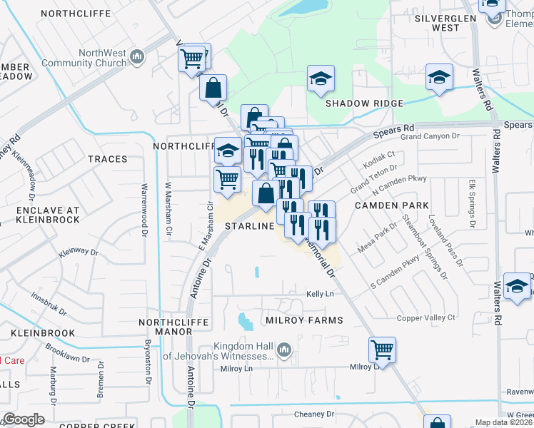 map of restaurants, bars, coffee shops, grocery stores, and more near 12085 Veterans Memorial Dr in Houston