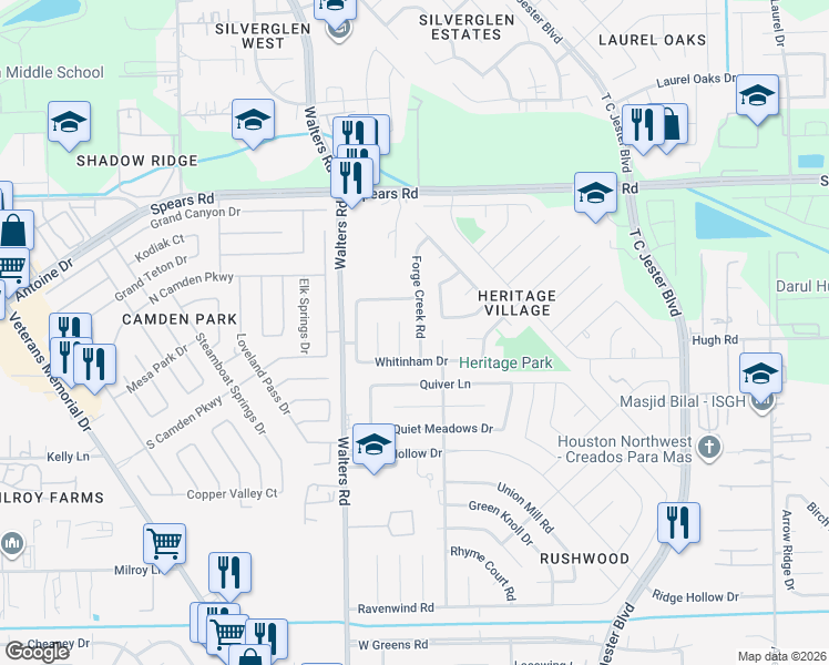 map of restaurants, bars, coffee shops, grocery stores, and more near 2651 Forge Creek Road in Houston