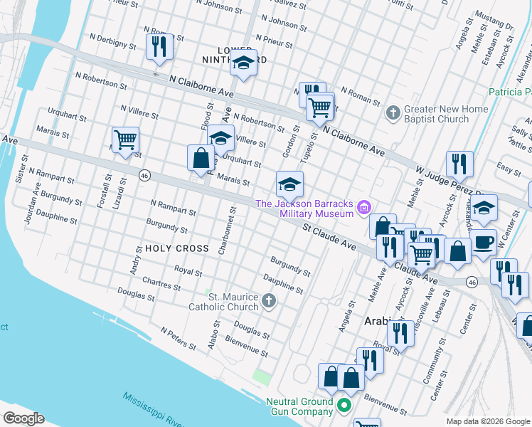 map of restaurants, bars, coffee shops, grocery stores, and more near 6019 El Dorado Street in New Orleans