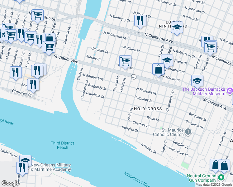 map of restaurants, bars, coffee shops, grocery stores, and more near in New Orleans