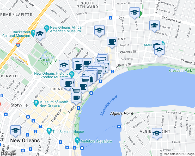 map of restaurants, bars, coffee shops, grocery stores, and more near 13 French Market Place in New Orleans