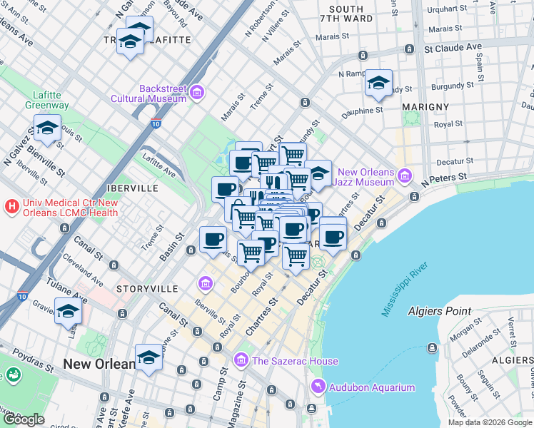 map of restaurants, bars, coffee shops, grocery stores, and more near 839 Saint Ann Street in New Orleans