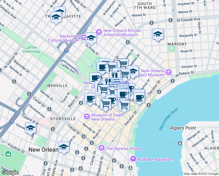 map of restaurants, bars, coffee shops, grocery stores, and more near 835 Orleans Street in New Orleans