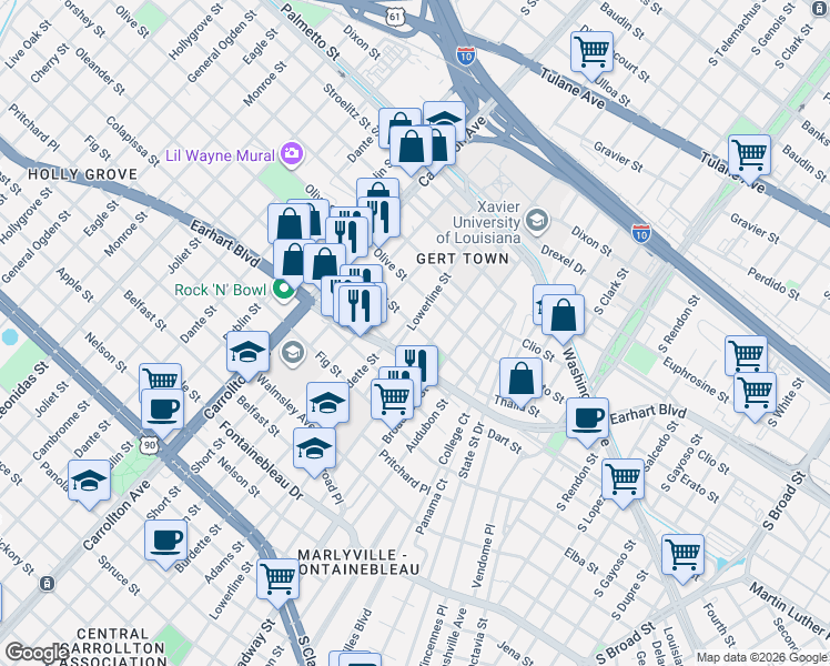 map of restaurants, bars, coffee shops, grocery stores, and more near 3208 Pine Street in New Orleans