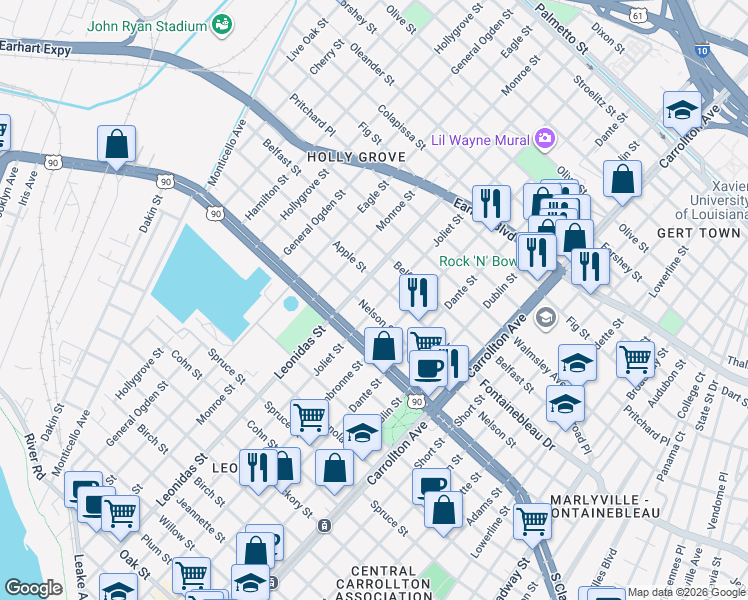 map of restaurants, bars, coffee shops, grocery stores, and more near 2501 Joliet Street in New Orleans