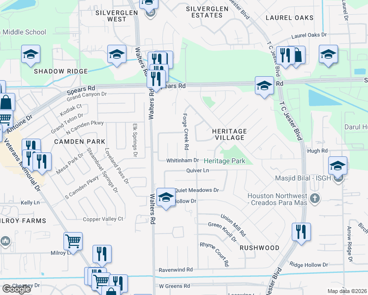 map of restaurants, bars, coffee shops, grocery stores, and more near 2651 Forge Creek Road in Houston