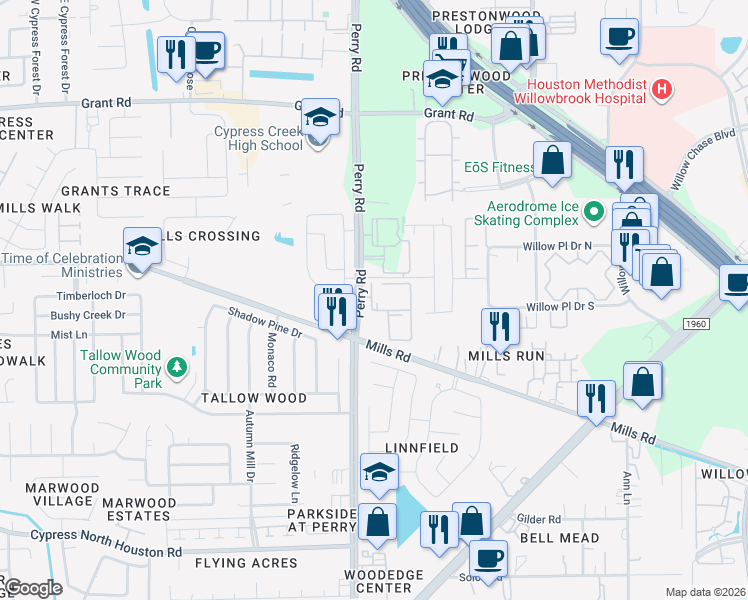 map of restaurants, bars, coffee shops, grocery stores, and more near 12850 Perry Road in Houston